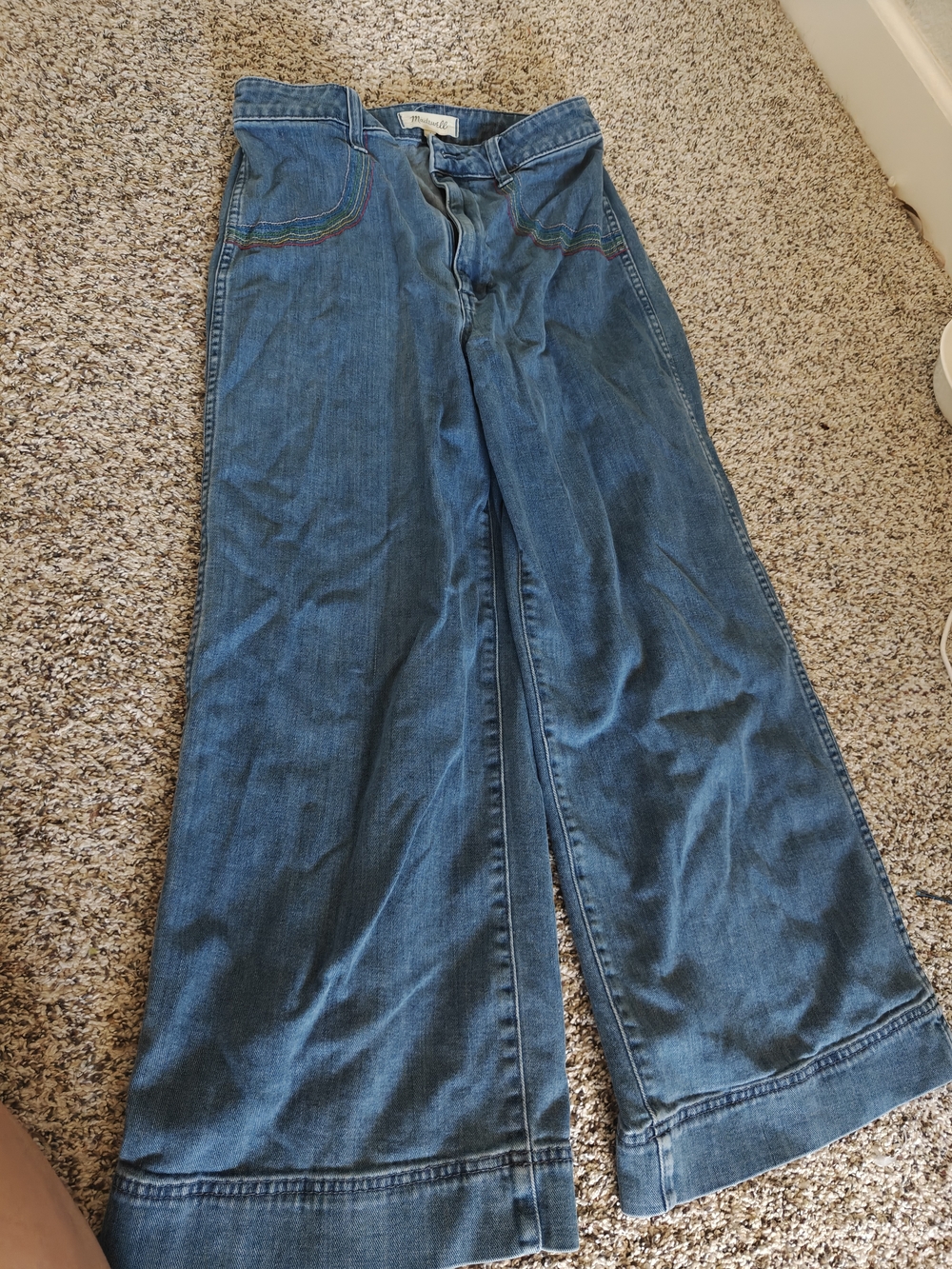 Wide Leg Blue Denim Jeans with Rainbow Stitching